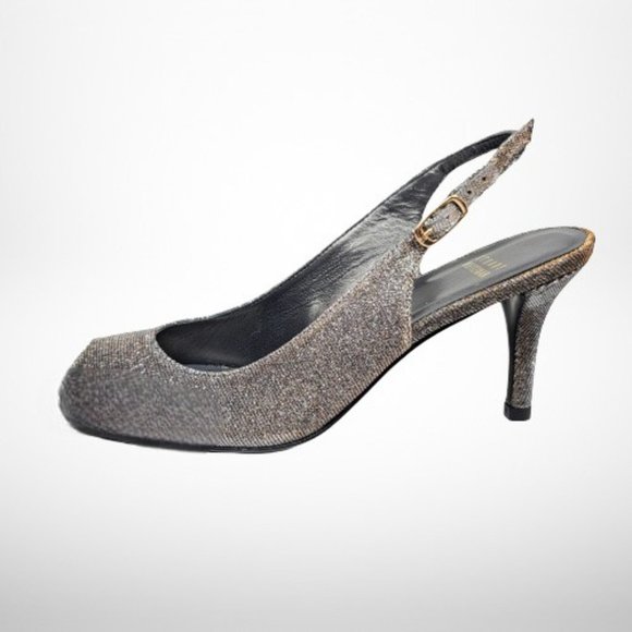 STUART WEITZMAN Slinky Glitter Peep-Toe Slingback, Pyrite Nocturn - Size:8 - Picture 4 of 16